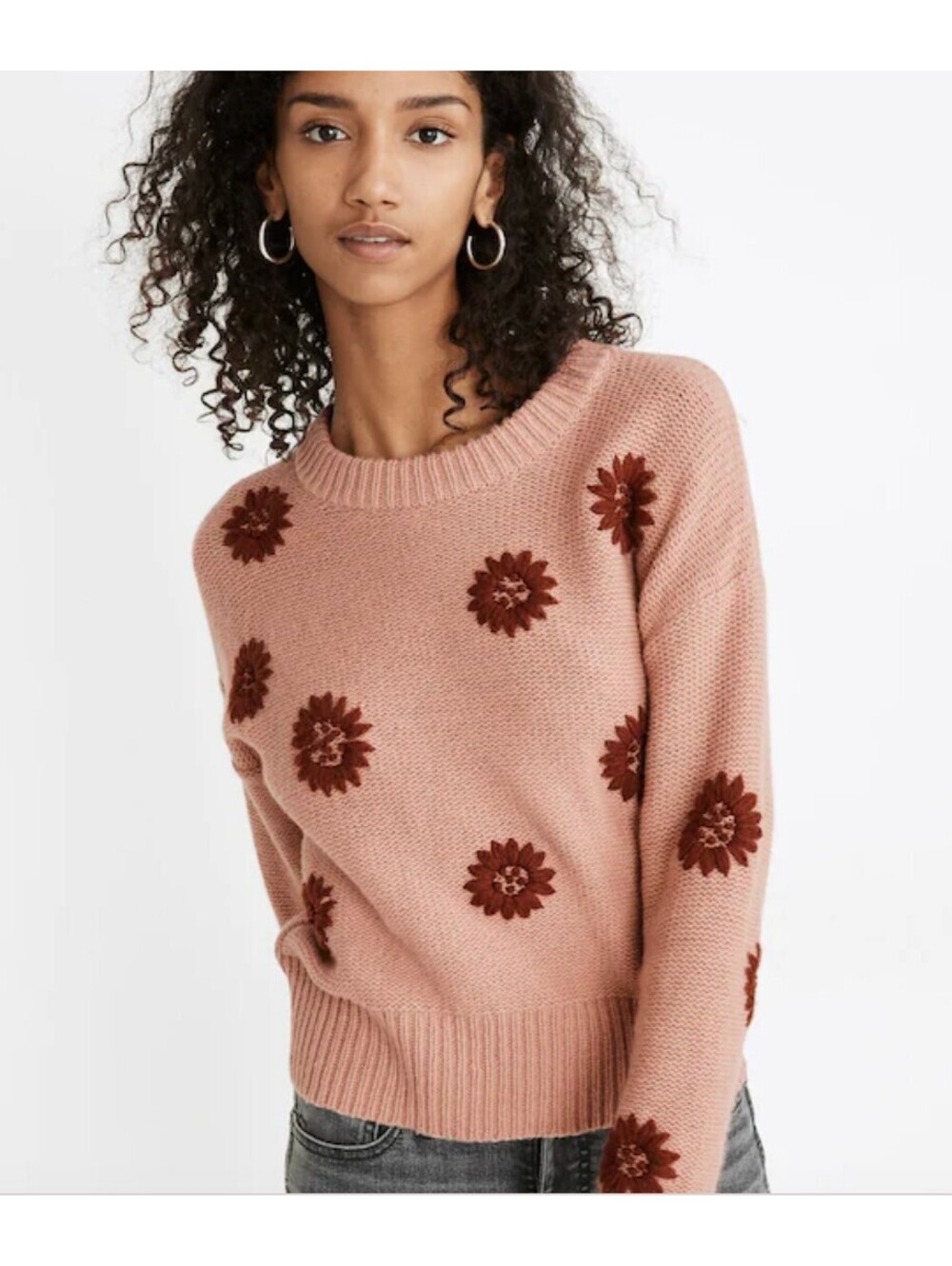 Madewell Dusty Blush Pink Knit Sweater Floral Applique Size L Merino Wool Blend